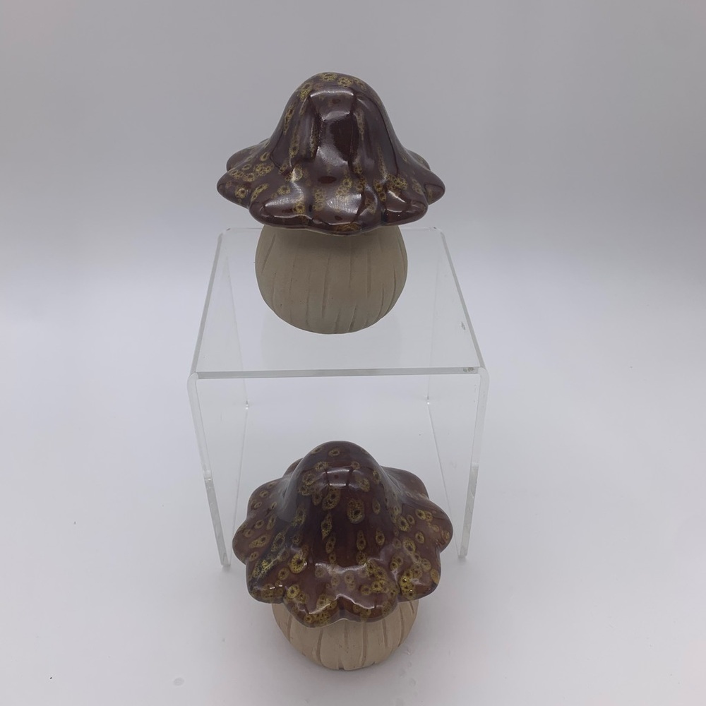 Pair Of 2 Ceramic Pottery Mushrooms Statue Figurines With Millefiori Glazed Top